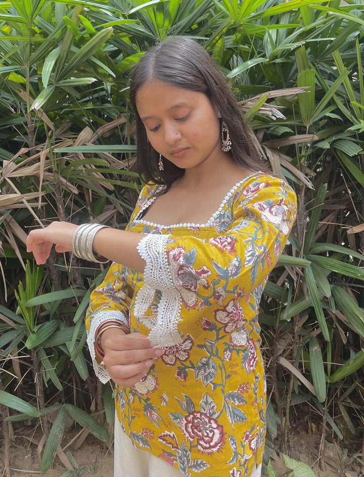 Amaira Yellow Jaal Printed Cotton Square Neck Pintresty Top - Anasiya