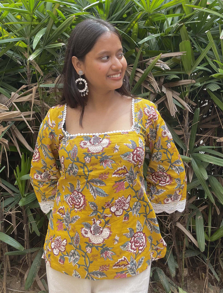 Amaira Yellow Jaal Printed Cotton Square Neck Pintresty Top - Anasiya