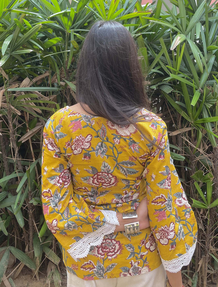 Amaira Yellow Jaal Printed Cotton Square Neck Pintresty Top - Anasiya