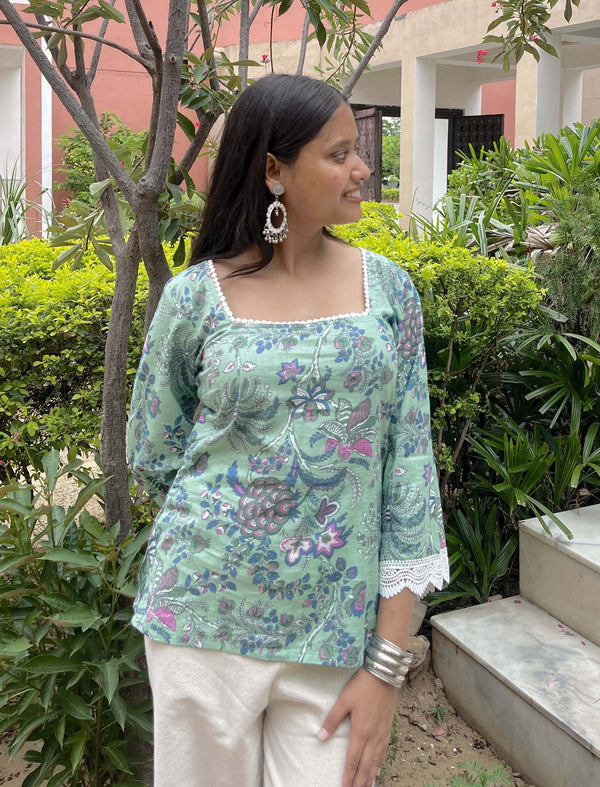 Amaira Green Printed Cotton Square Neck Pintresty Top - Anasiya