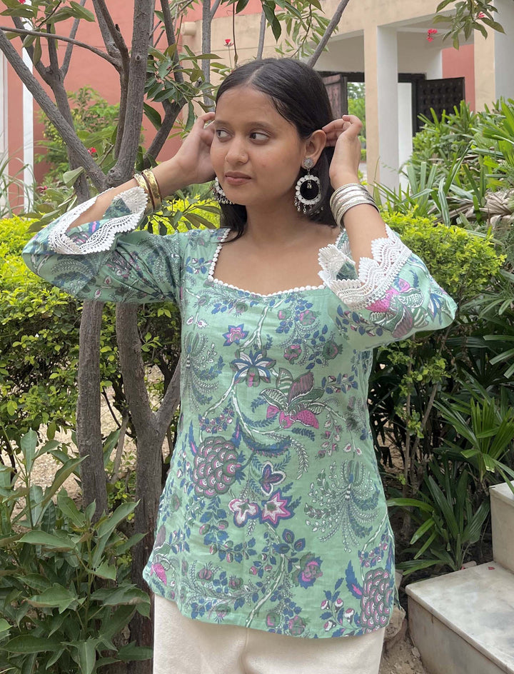 Amaira Green Printed Cotton Square Neck Pintresty Top - Anasiya