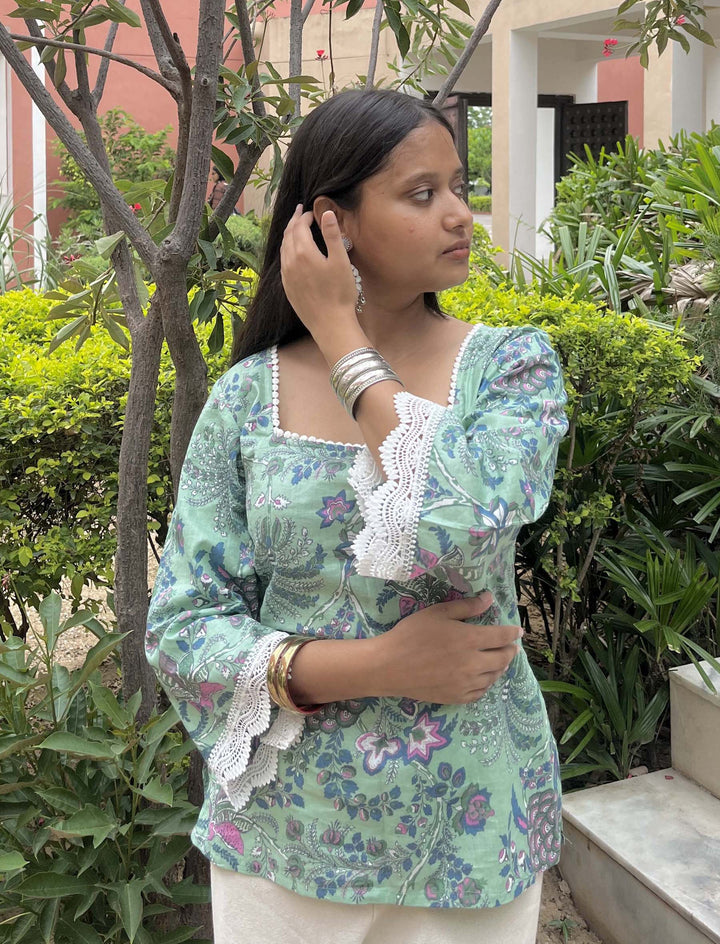 Amaira Green Printed Cotton Square Neck Pintresty Top - Anasiya