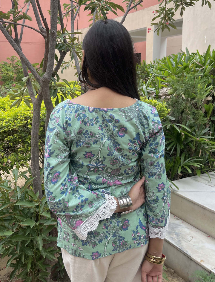 Amaira Green Printed Cotton Square Neck Pintresty Top - Anasiya