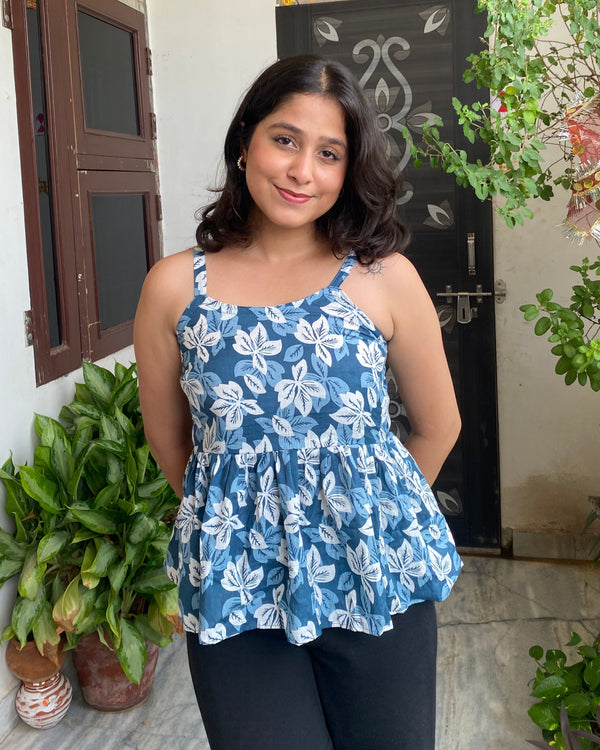 Riyana Blue Cotton Printed Strap Shoulder Top With Butterfly Back