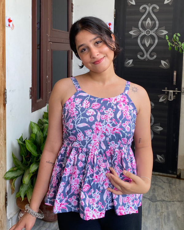 Riyana Grey Cotton Printed Strap Shoulder Top With Butterfly Back