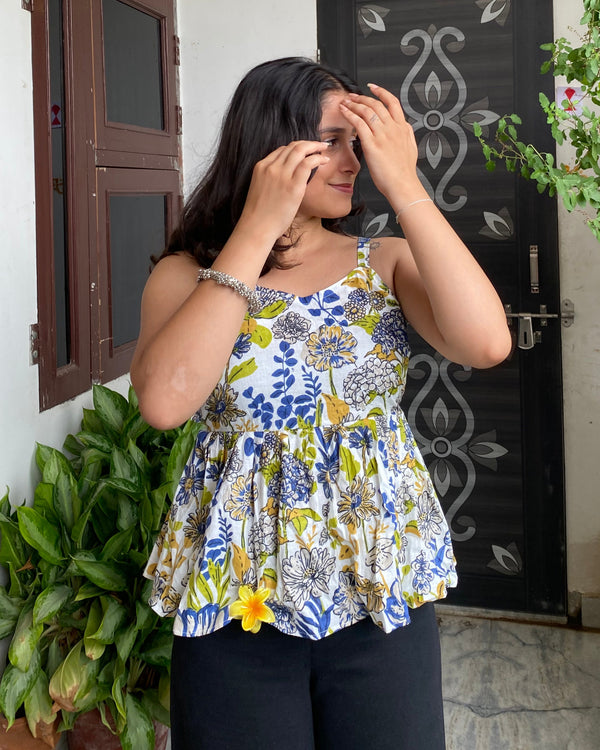 Riyana White Cotton Printed Strap Shoulder Top With Butterfly Back