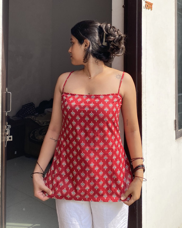 Navya Red Cotton Printed Noodle Strap Top With Corset Back