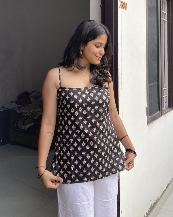 Navya Black Cotton Printed Noodle Strap Top With Corset Back