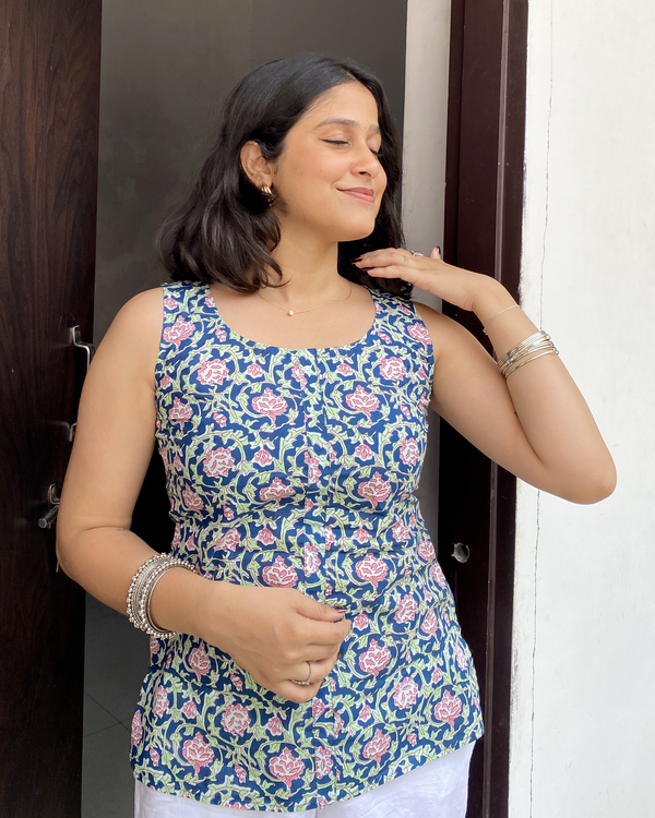 Trisha Blue Printed Cotton Crop Top