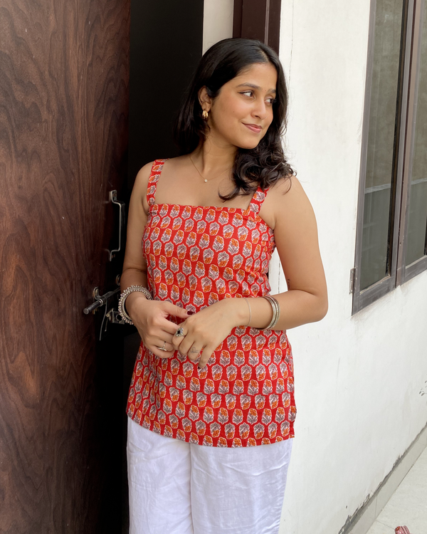 Meher Red Printed Cotton Strap Shoulder Top