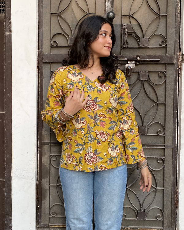 Farah Yellow Cotton Printed Bell Sleeves Top