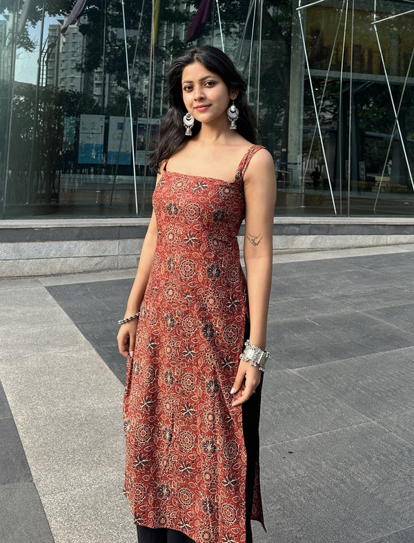Nyra Red Ajrakh Cotton Printed Knee Length Pintresty Kurti With Beads Lace - Anasiya