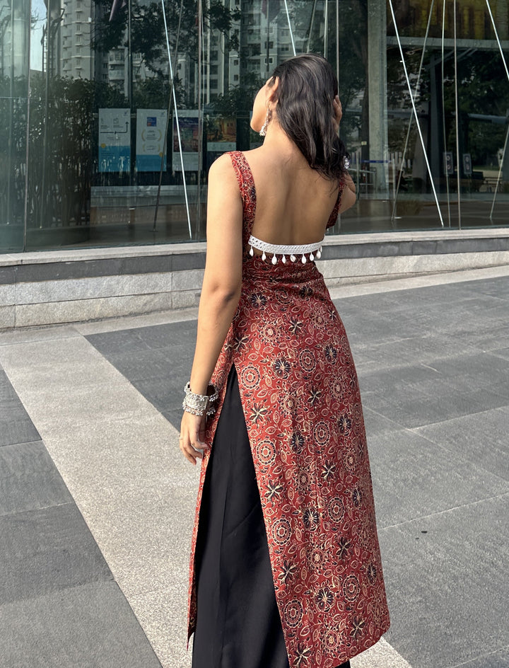 Nyra Red Ajrakh Cotton Printed Knee Length Pintresty Kurti With Beads Lace - Anasiya