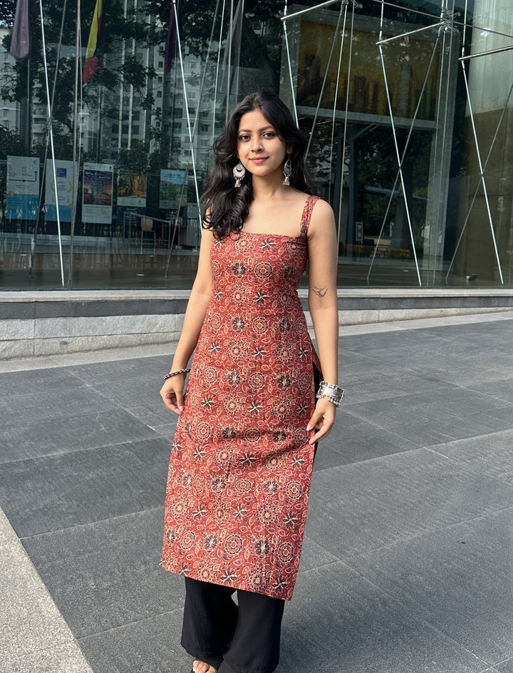 Nyra Red Ajrakh Cotton Printed Knee Length Pintresty Kurti With Beads Lace - Anasiya