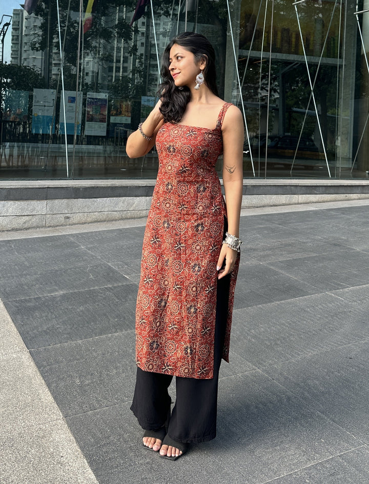 Nyra Red Ajrakh Cotton Printed Knee Length Pintresty Kurti With Beads Lace - Anasiya