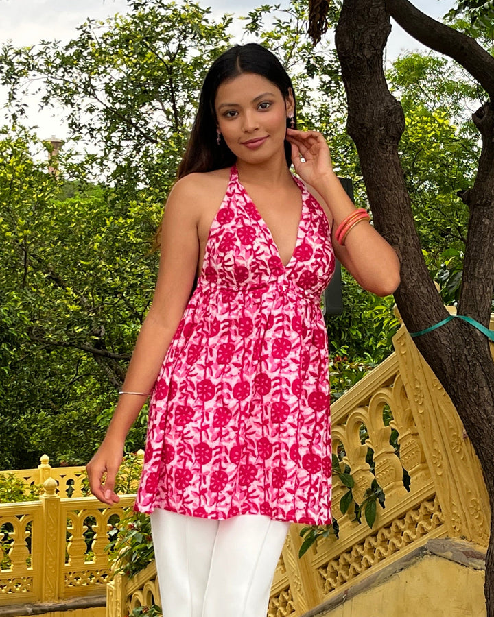 Aavya Pink Daboo Cotton Printed Halter Neck Top - Anasiya