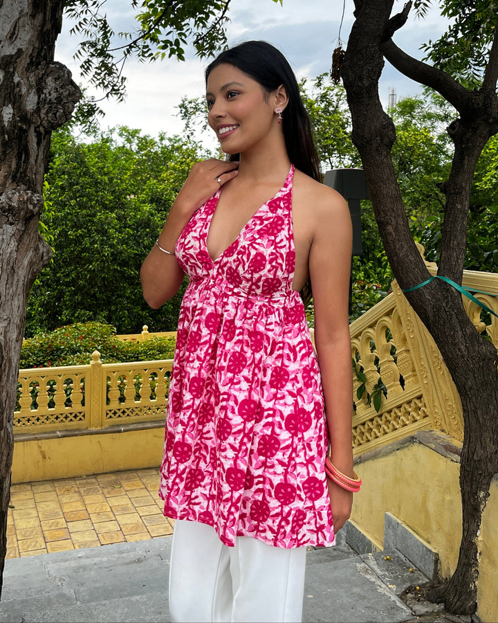 Aavya Pink Daboo Cotton Printed Halter Neck Top - Anasiya