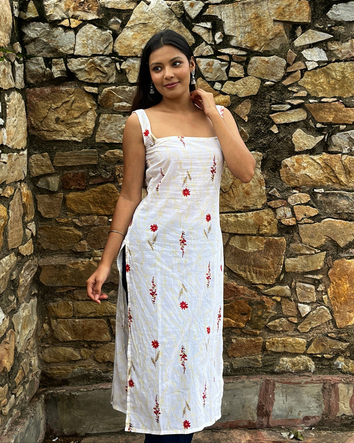 Nyra White Butti Cotton Printed Knee Length Pintresty Kurti With Beads Lace - Anasiya