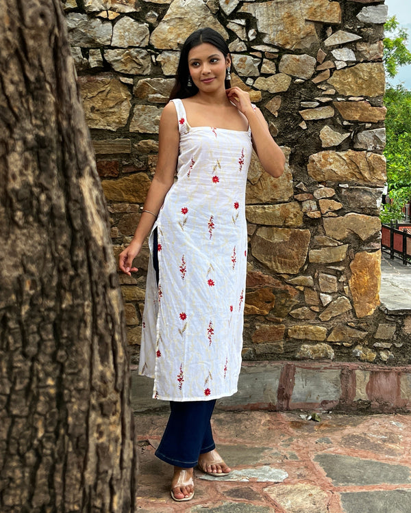 Nyra White Butti Cotton Printed Knee Length Pintresty Kurti With Beads Lace - Anasiya