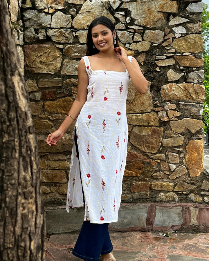 Nyra White Butti Cotton Printed Knee Length Pintresty Kurti With Beads Lace - Anasiya