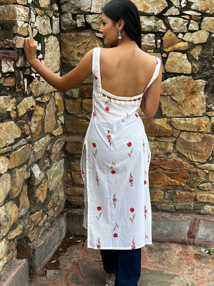 Nyra White Butti Cotton Printed Knee Length Pintresty Kurti With Beads Lace - Anasiya