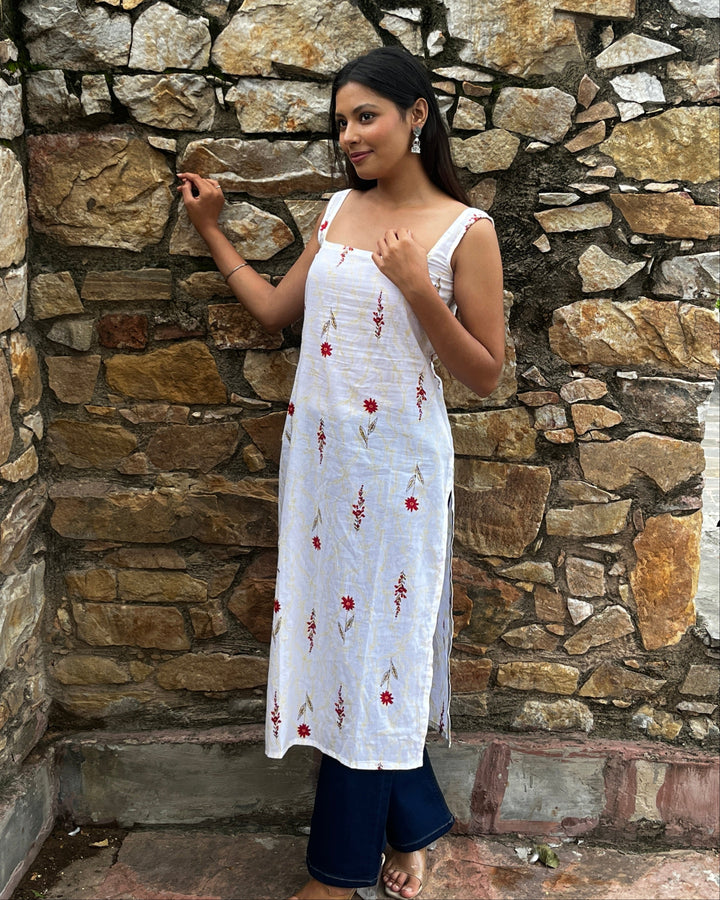 Nyra White Butti Cotton Printed Knee Length Pintresty Kurti With Beads Lace - Anasiya