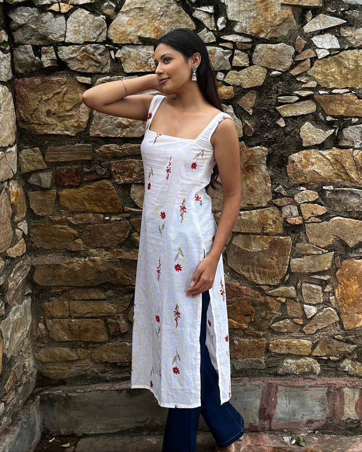 Nyra White Butti Cotton Printed Knee Length Pintresty Kurti With Beads Lace - Anasiya