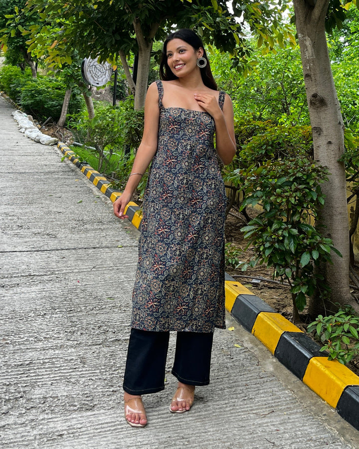Nyra Blue Ajrakh Cotton Printed Knee Length Pintresty Kurti With Beads Lace - Anasiya