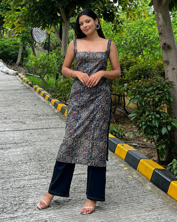 Nyra Blue Ajrakh Cotton Printed Knee Length Pintresty Kurti With Beads Lace - Anasiya