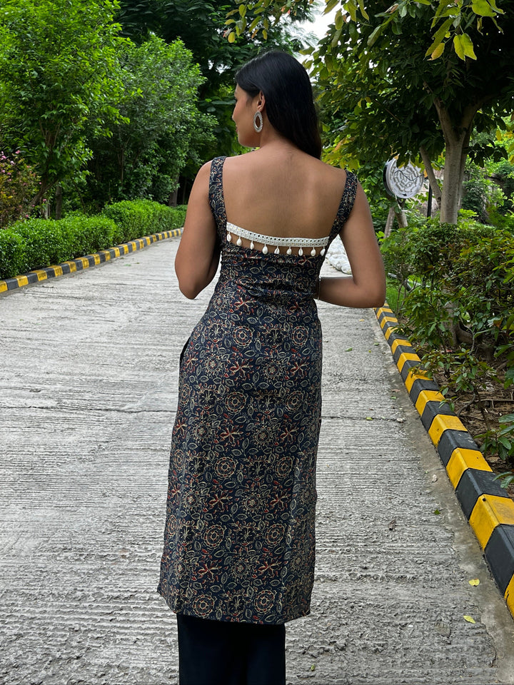 Nyra Blue Ajrakh Cotton Printed Knee Length Pintresty Kurti With Beads Lace - Anasiya