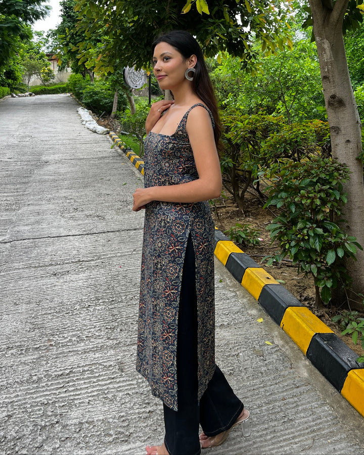 Nyra Blue Ajrakh Cotton Printed Knee Length Pintresty Kurti With Beads Lace - Anasiya