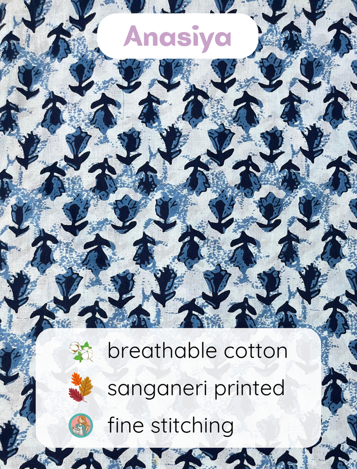 Alvara Blue Sanganeri Print Shoulder Tie Cotton Top - Anasiya