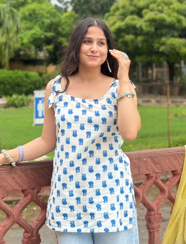 Alvara Blue Butti Print Shoulder Tie Cotton Top - Anasiya