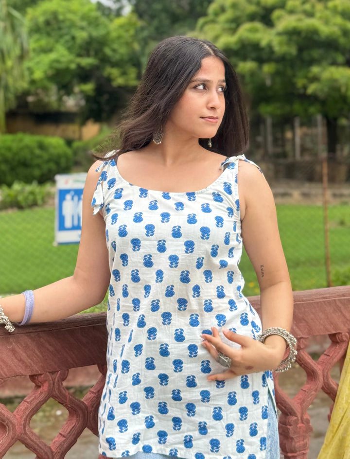 Alvara Blue Butti Print Shoulder Tie Cotton Top - Anasiya