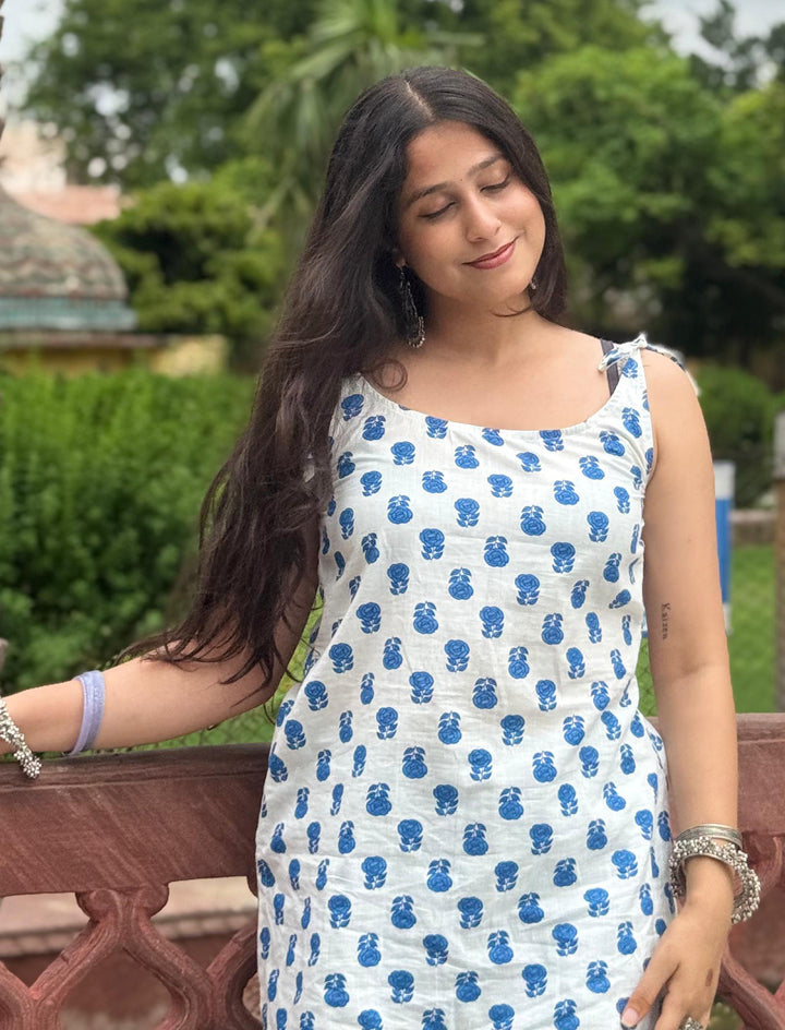 Alvara Blue Butti Print Shoulder Tie Cotton Top - Anasiya