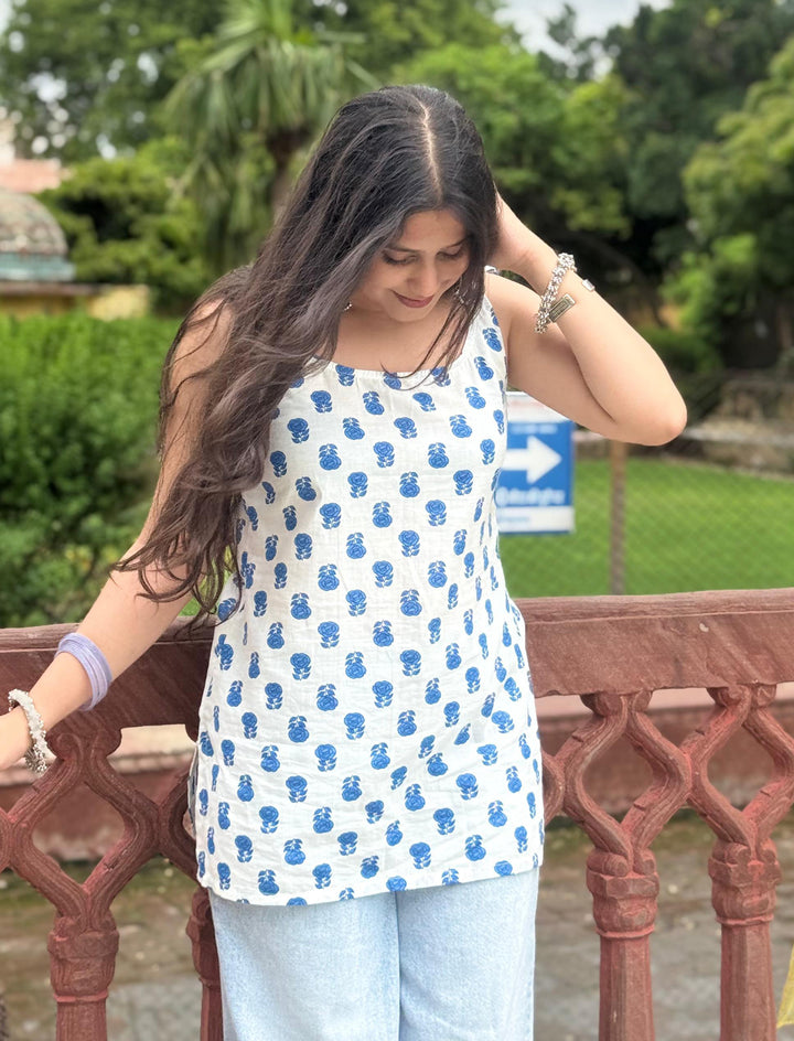 Alvara Blue Butti Print Shoulder Tie Cotton Top - Anasiya