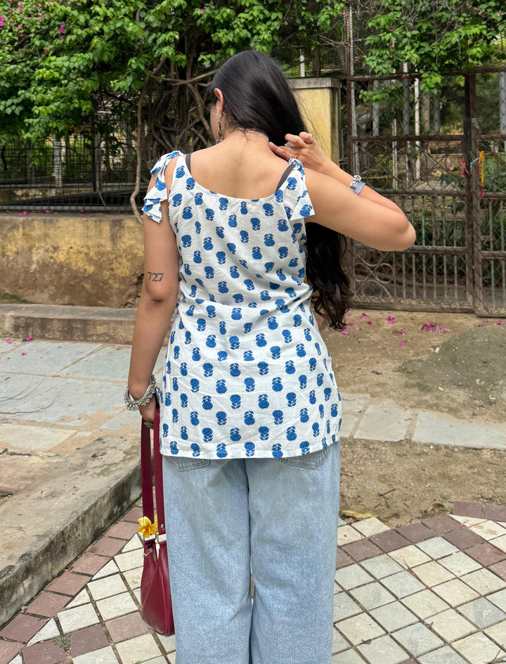 Alvara Blue Butti Print Shoulder Tie Cotton Top - Anasiya