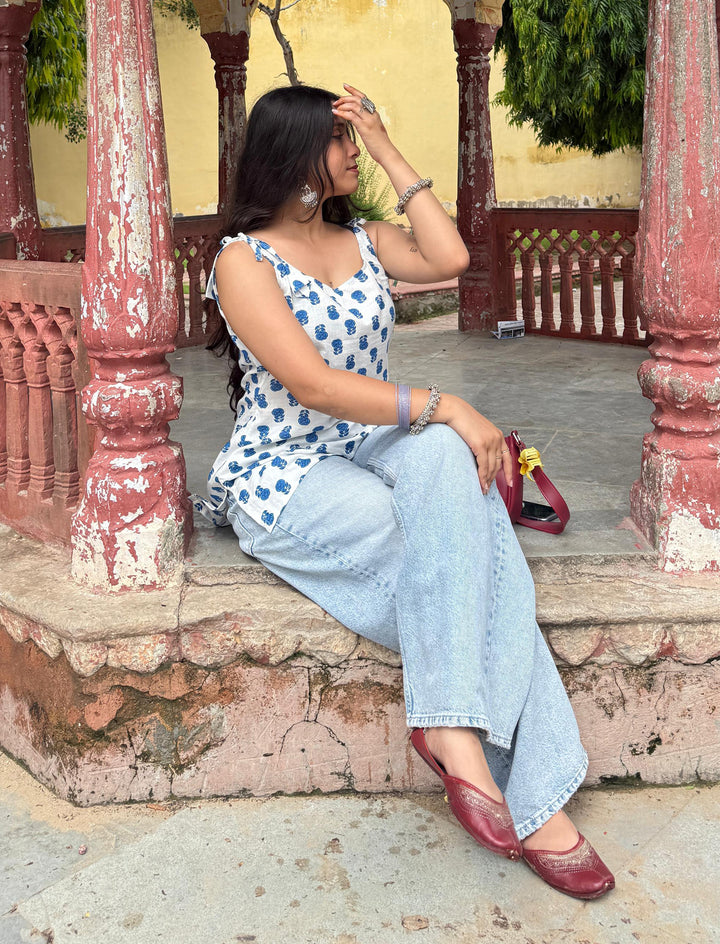 Alvara Blue Butti Print Shoulder Tie Cotton Top - Anasiya